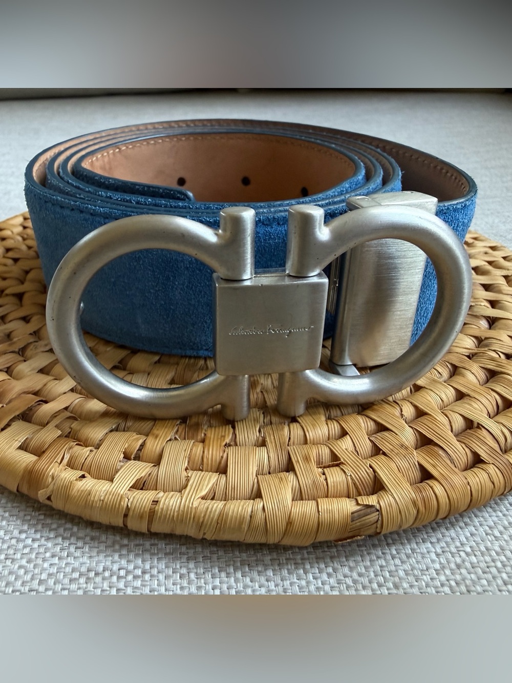 Salvatore Ferragamo Gancini Logo Suede Belt Blue